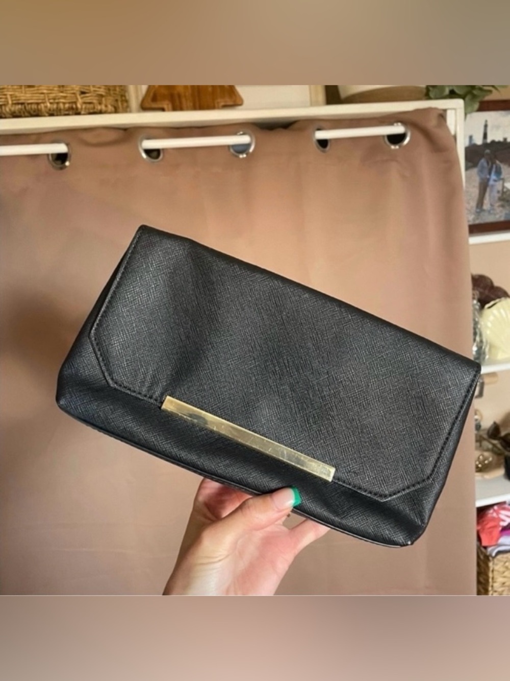 J Crew womens black and gold leather clutch. 12 inches long